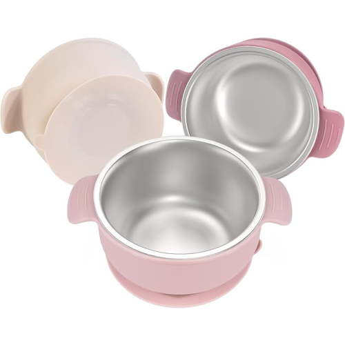 XUET Stainless Steel and Silicone Baby Bowls with Suction 3 Pack, 4.3” for Toddlers Kids Feeding, Non-Slip, Non-Toxic, Mess-Free, Dishwasher Safe, Fit High Chair Size
