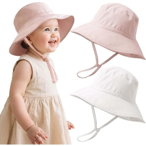Konssy Muslin Baby Sun Hat 2-Pack, UPF 50+ Sun Protection Wide Brim Summer Beach Hat, Bucket Hat for Girls and Boys White Pink