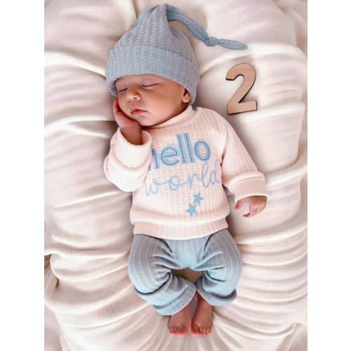 Newborn Photography Outfit - Baby Boys/Girls 1-3 Months "HELLO" Embroidered Top, Pant & Hat 3-Piece Set, Infant Studio Prop Clothes Baby Boy Knitted Set Fall Winter | SHEIN USA