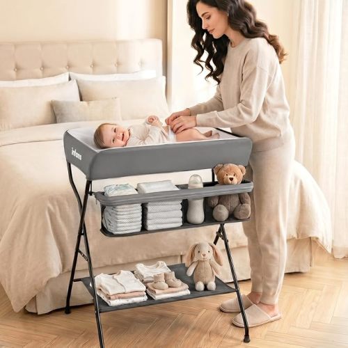 INFANS Baby Changing Table, Portable Nursery Organizer, Grey