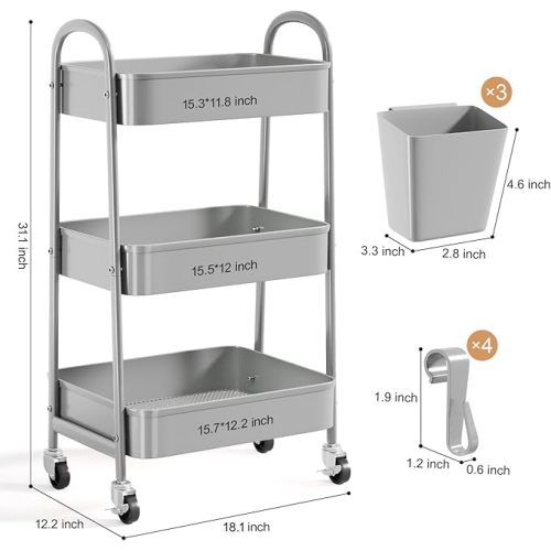 3 Tier Gray Metal Rolling Cart, Mesh Storage Cart with Handle and Lockable Wheels