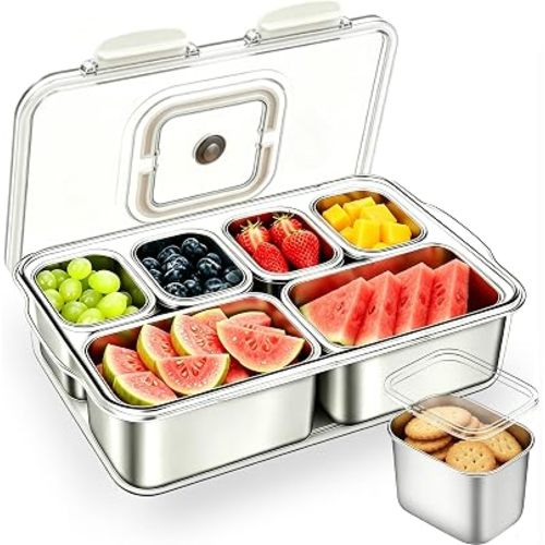 Snackle Box Container, Stainless Steel Divided Serving Tray with Lid and Handle, Large Snack Tray for Fruit Veggie Candy, 6-Compartment Snack Platter for Travel Party Beach Picnic
