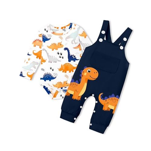 BAVADER Baby Boy Clothes Infant Dinosaur Romper Overalls 2PCS Clothing Set | Infant Boy Clothes Long Sleeve Baby Bodysuit Adjustable Overalls Baby Boys' Clothing Sets Dinosaur Fall Winter Outfits