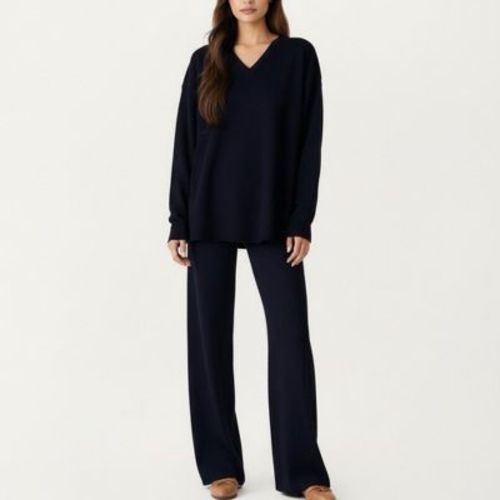 Anna-Kaci Women's Maternity Relaxed Fit Long Sleeve V-Neck Top and Soft Wide-Leg Lounge Pants Set with Easy Stretch Fabric - X Large, Black