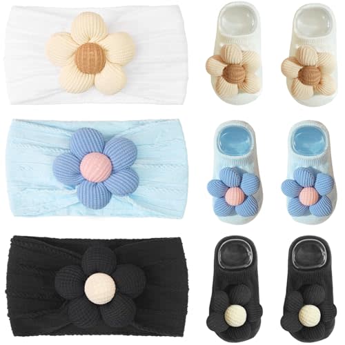 CLLOT Baby Girl Headband and Socks, Non-Slip Floral Socks and Soft Floral Nylon Hairbands for Babies Infants and Toddlers(White,Blue,Black)