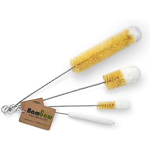 Bambaw Bottle Cleaner Brush Set | 4 Cleaning Brushes | Bottle Brush Cleaner Set | Water Bottle Brush | Bottle Scrubber | Small & Long Bottle Brush for Glass - Soft Cotton Tip to Prevent Scratches