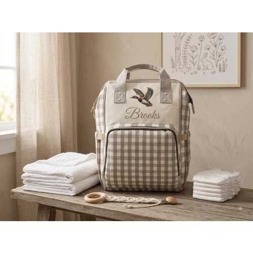 Flying Mallard Duck Gingham Diaper Bag Backpack for Boy | Personalized Name Diaper Bag | Woodland Mallard Duck Western Dad Backpack