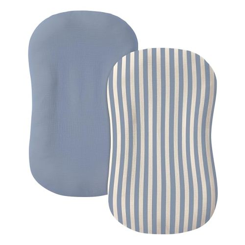 Muslin Baby Lounger Cover 2 Pack, 100% Cotton Infant Lounger Cover, Soft & Breathable Replacement Slipcover, Compatible with Snuggle Me Newborn Lounger (Tradewinds,Blue Stripe)