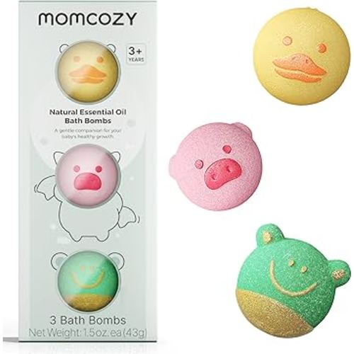 Momcozy Natural&Organic Essential Oil Bath Bombs,3 Pcs Bubble Bath Fizzy Balls with 3 Cute Shapes,Bath Bombs Gift Set for Kids Girls Boys Toddler, Ideal Gift for Birthday, Bath Bomb Kit