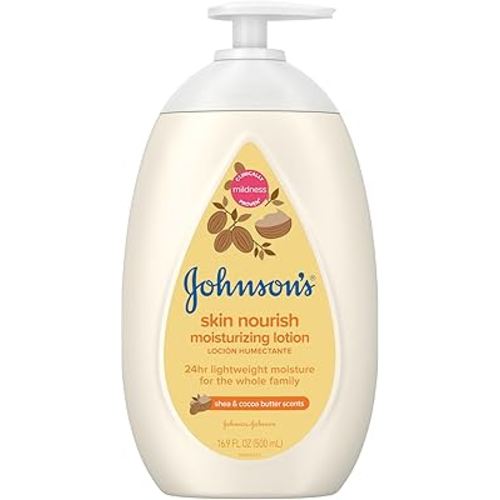 Johnson's Skin Nourish Moisturizing Baby Lotion for Dry Skin with Shea & Cocoa Butter Scents, Gentle & Lightweight Body Lotion for The Whole Family, Hypoallergenic, Dye-Free, 16.9 fl. oz