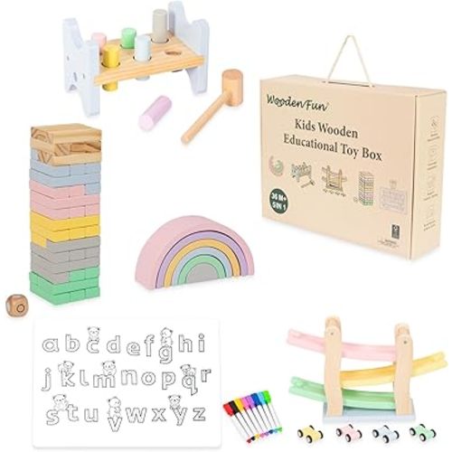 Wooden Toys for Kids, 5 in 1 Learning Educational Set (Includes Rainbow Stacker, Hammering Pounding, Race Track, Tumbling Tower Blocks, Alphabet Writing)- Gift for Boys Girls