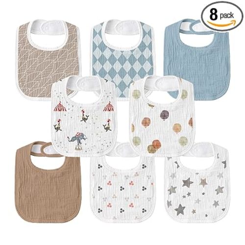Baby Muslin Bibs 8 Pack, Drooling and Teething Bibs for Baby Boy, Absorbent, Soft Organic Cotton, Adjustable Bandana Bib for Newborn, Toddler, Infant 0-36 Months, Blue