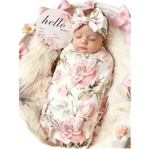Galabloomer Baby Girl Newborn Receiving Blanket with Headband Set Baby Swaddle Nursery Swaddle Wrap with Card (Vintage Flower)