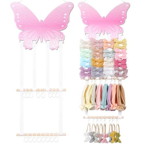 POVETIRE Headband Holder Bow Organizer for Girls Hair Bows | Butterfly Wood Print Board Hair Accessories Organizer Storage Sturdy Braided Rope Durable Hooks Nursery Toddler Room Decor