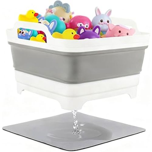 Bath Toy Storage Basket Bin: Collapsible Bathtub Toys Holder Bucket & Portable Bathroom Shower Caddy for Kids Baby - Multiuse Foldable Wash Basin Sink with Drain Plug, Handle & Drying Mat for Dish Tub