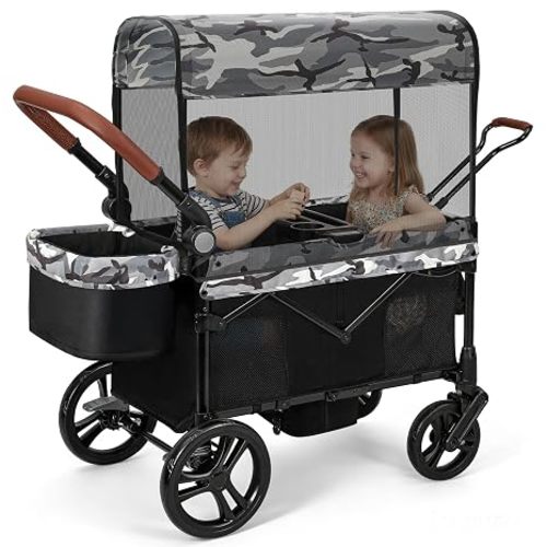 ELEMARA All-Terrain Stroller Wagon for 2 Kids, Foldable Kids Wagon Stroller Includes Removable Canopy,Mosquito net, Adjustable Push＆Pull Handle,Snack Tray & Cup Holders, Storage Basket, Grey+Black