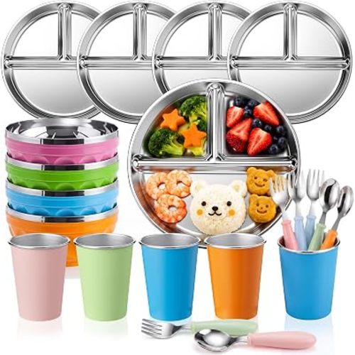 Jinei 20 Pcs Stainless Steel Bowls Set for Kids, 4 Stainless Steel Plates, 4 Metal Bowls, 4 Metal Cups, 4 Spoons, 4 Forks, Durable Dining Set for Home Travel Camping (Rainbow Colorful)