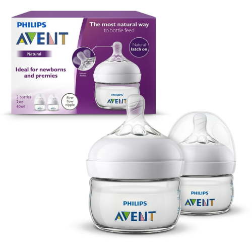 Philips Avent Natural Baby Bottles, with First Flow Nipple, 2oz, 2 Pack, SCF019/25