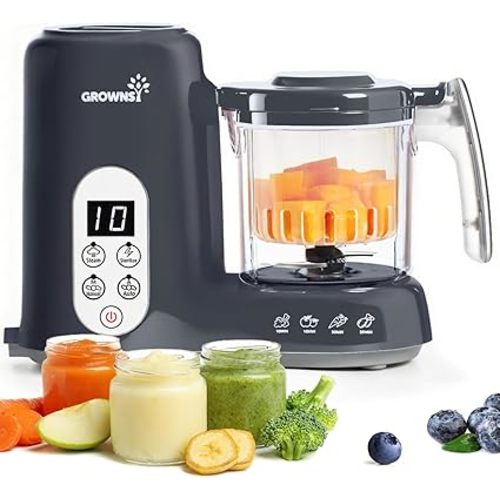 Grownsy Baby Food Maker with Steam Basket, One Step Baby Food Processor Steamer Puree Blender Grinder Mills Machine, Auto Cooking Grinding and Sterili-zing for Healthy Homemade Baby Food, Dark Grey