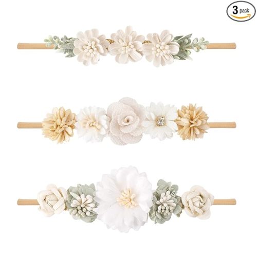 Baby Girl Nylon Headbands Flower Hair Bows Accessories-Elastic Hair Band Crown Handmade FLoral Wraps Birthday Gifts for Girls Newborn Infant Toddler 3Pcs