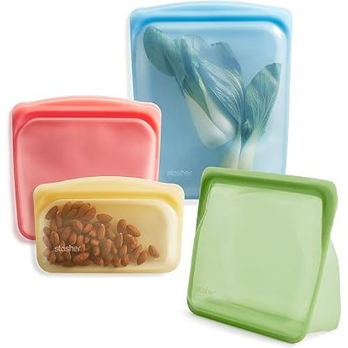 Stasher Premium Silicone Reusable Food Storage Bags, 4-Pack, Rainbow, Multi-Use Food Storage Bags, Lunch Bag, Travel Containers, BPA Free, Leak-free, Dishwasher-Safe, Eco-friendly