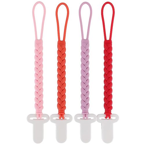 4-Pack Silicone Pacifier Clips with a Woven Rope Shape for Baby Boys and Girls - Flexible and Rust-Free Holders for Teething Relief and Baby Essentials, Safe for Newborns (Pink)