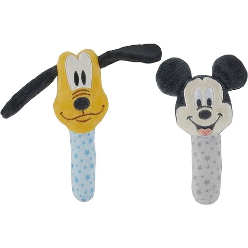 Disney Mickey Mouse and Goofy Assorted Plush Lovie Rattle Set Pack of 2 - Soft and Cuddly Plush Material, Built-in Rattle for Sensory Stimulation,Vibrant Colors and Intricate Details - Mickey And Goofy