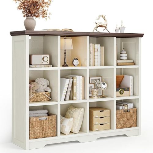 12 Cube Organizer Bookcase, Cube Shelf with Storage, Walnut + White | Modern Farmhouse Design, Open Cube Storage for Books & Decor, Display Shelf, Living Room, Bedroom, Home Office, Entryway