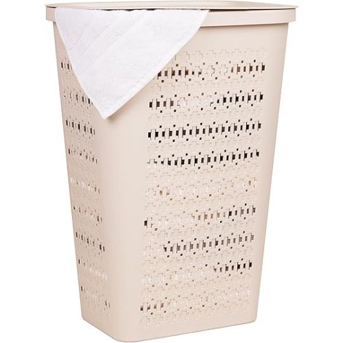 Mind Reader Slim Tapered Laundry Hamper with Lid, Clothes Basket with Swiss Cross Cut-Outs, Lightweight & Ventilated, Plastic, 16.75"L x 12.75"W x 23"H, Ivory