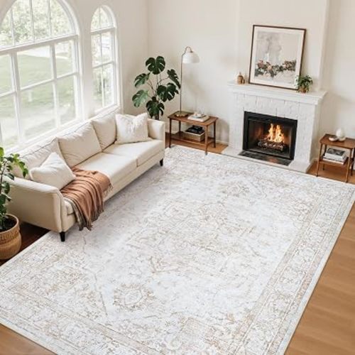 5x7 Area Rugs for Bedroom:Beige Washable Vintage Medallion Rug Non-Slip Soft Low Pile Large Rugs Indoor Retro Carpet for Living Room Kitchen Nursery Dining Table Office (Beige, 5'x7')