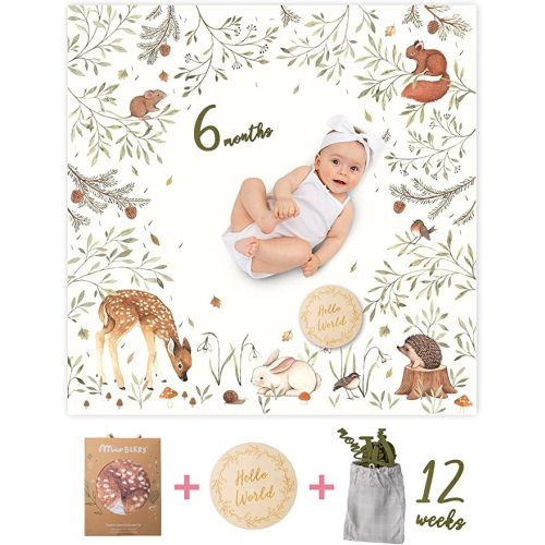 100% Organic Cotton Muslin Monthly Baby Milestone Blanket with Wooden Hello World Newborn Sign, Newborn Photography Props, Birth Announcement Sign, Woodland