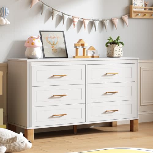 6-Drawer Dresser, Modern Chest of Drawers for Bedroom, 47" Wide Larger Dressers with Metal Handle Solid Wood Legs Wooden Kids & Nursery Storage Chest for Entryway Nursery Living Room White