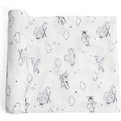 Premium Soft Muslin Cotton Muslin Swaddle Blanket, Silky Baby Receiving Wrap for Newborns Unisex Design, Ideal for Boys and Girls 47x47 Inches (120x120cm) - Large and Comfortable (Airplane & Cloud)