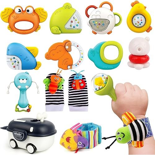 Baby Rattles 0-6 Months | Sensory Toys for Infants 6-12 Month, Wrist Rattle Socks, Foot Finder & Teething Toys | Newborn Toys Gift for Boys and Girls, Baby Shower Gifts Christmas Stocking Stuffers