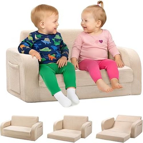 3-in-1 Extra Wide Convertible Kids Couch, Flip Open Toddler Couch to Lounger, Comfy Toddler Chair, Machine-Washable Kids Sofa for Girls, Kid Sofa Bed for Fun Playtime or Comfy Lounging, Beige,Corduroy