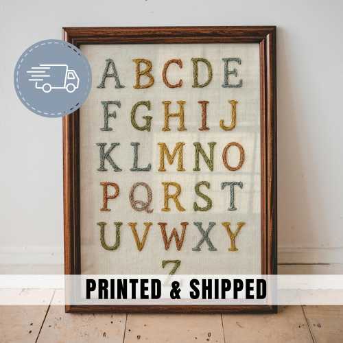 Nursery Alphabet Print Vintage Embroidery ABC Wall Art Toddler Room Educational Decor Rustic Wall Print Learning Artwork | 09