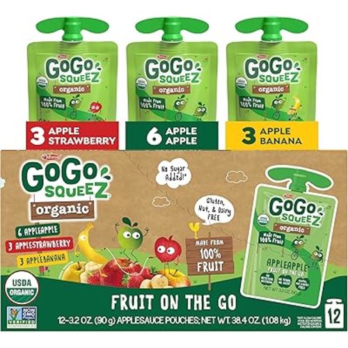GoGo squeeZ No Sugar Added Organic Applesauce and Fruit Puree, Variety Pack, Apple, Strawberry & Banana, 3.2 oz Pouches (Pack of 12), Fruit Snacks for Kids, Gluten Free, Nut Free, Recloseable Cap, BPA Free