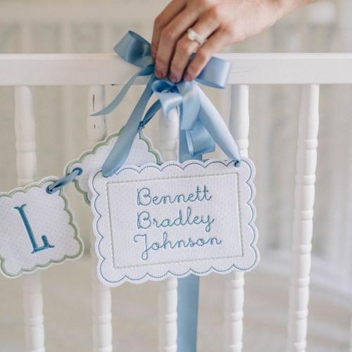 Personalized Baby Name Sign – 5x7 Embroidered Appliqué Wall Hanging with Ribbon – Blue Dot Fabric, Grandmillennial Nursery Announcemen Decor
