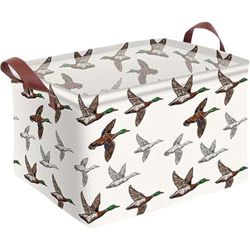 Mallard Duck Storage Basket Waterproof Canvas Toy Storage Bin Mallard Duck Room Decor Collapsible Outdoor Basket with Leather Handles Blanket Baskets For Closets,Bedrooms,Gifts Baskets
