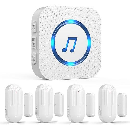 Door Chime,Wireless Door Sensor SanJie Door Alarm Chime with 55 Chimes 5 Adjustable Volume Mute Mode for Business/Home/Store,Door Open Sensor with 1000ft Range LED Indicators 1 Receiver +4 Sensors