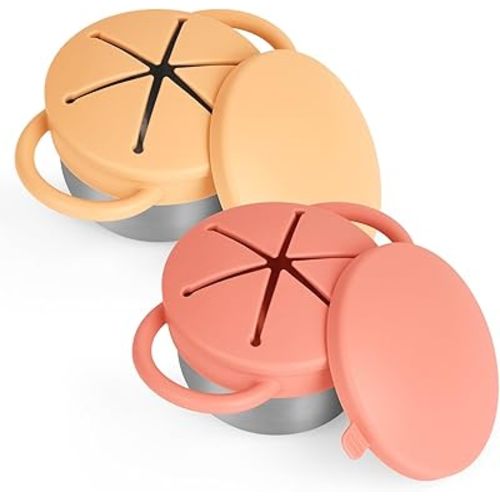 Daximo 2 Pack Snack Cups for Toddlers Spill Proof - Detachable Stainless Steel Toddler Snack Cups with Silicone Lids & Handles - Dishwasher Safe Baby Snack Containers (Orange and Yellow)