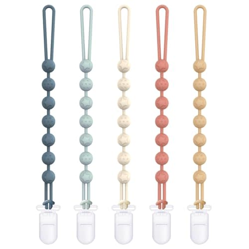 Cuddle Campus Silicone Pacifier Clip Holder with One Piece Design,Soft Flexible Binky Clips with Texture for Baby Boy and Girl Pack of 5 Plastic Clip (0-6m)