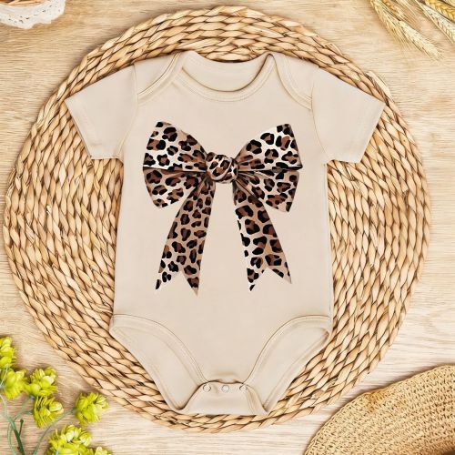 Leopard Print Bow White Baby Onesie Short Sleeves Stylish Newborn Infant Casual Daily Wear