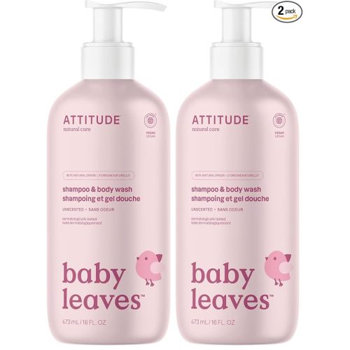 ATTITUDE 2-in-1 Shampoo & Body Wash for Baby, Fragrance-Free EWG Hypoallergenic Plant- & Mineral-Based Ingredients, Vegan and Cruelty-Free, Unscented, 16 Fl Oz, (Pack of 2)
