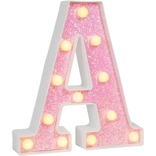Pink Glitter Marquee Light Up Letters, Battery Operated LED Letter Lights Signs for Pink Birthday Party Table Decorations, Wall Decor for Girls Bedroom, Initial Letter A with Warm White Lights