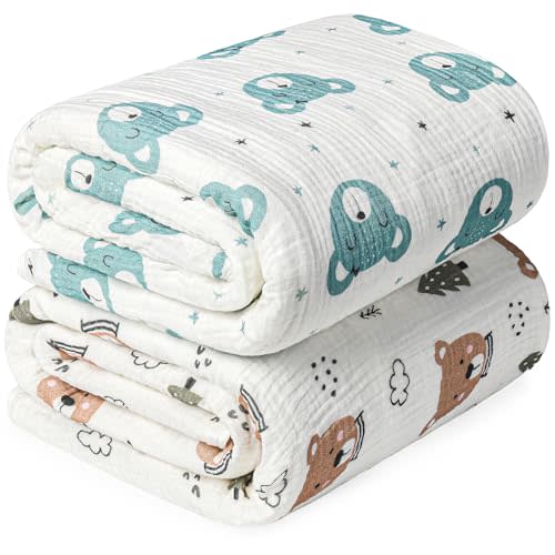 Rayon from Bamboo Swaddle Blankets for Newborn,2 Pack Breathable Soft Receiving Blanket,Large 41 x 41 inches Swaddle Wrap Burping Clothes,Essentials Infant Shower Items(Christmas Bear & Green Bear)