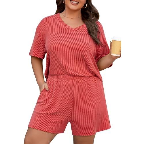Charmo Women's 2 Piece Plus Size Short Sets Ribbed Textured Knit Short Sleeve Top and Shorts 2026 Summer Vacation Outfits