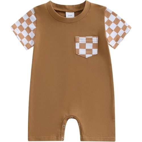 Karuedoo Newborn Baby Boy Girl Clothes Checkered Plaid Romper Jumpsuit Short Sleeve One-Piece Bodysuit Infant Summer Outfit