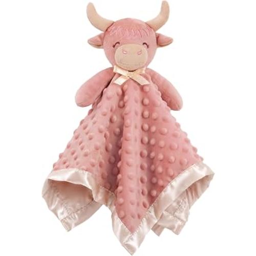 Pro Goleem Highland Cow Security Blanket Soft Loveys for Babies for Boys and Girls Newborn Lovie Infant Blankie Cow Baby Stuff Baby Snuggle Toy Stuffed Animal Baby Gifts 16 Inch,Pink