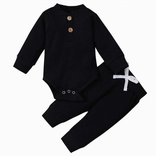 WUANDIXFA Newborn Baby Boy Fall Winter Clothes Outfit 3 6 12 18 24 Months Embroidery Waffle Knit Romper Pants Sets,Black,0-3 Months